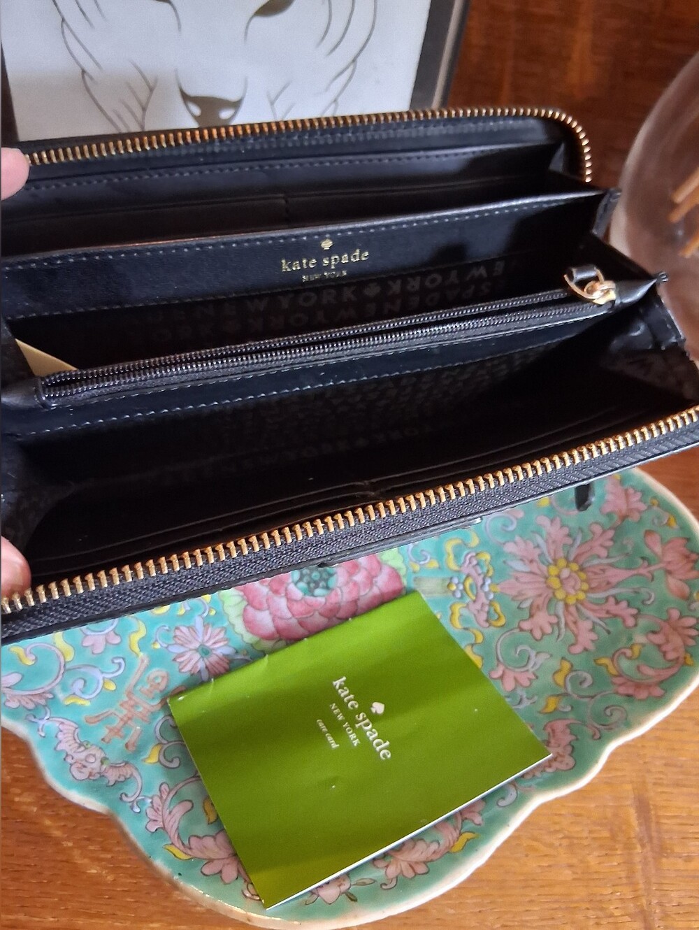kate spade Black Leather Zip-Around Wallet with Gold Hardware